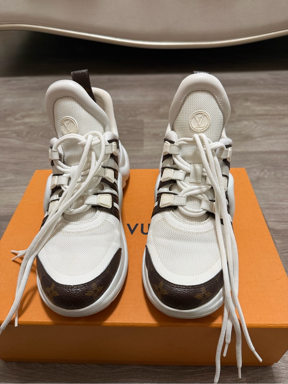 Louis Vuitton White and Brown Monogram Sneakers